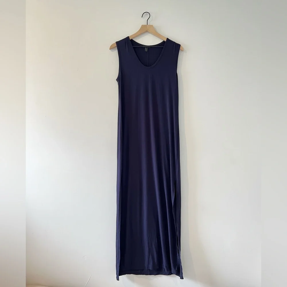 J Crew maxi tank‎ dress small navy blue side slit scoopneck stretch jersey C1536